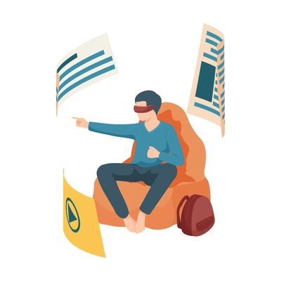 Flat icon of modern student studying in virtual reality glasses vector illustration