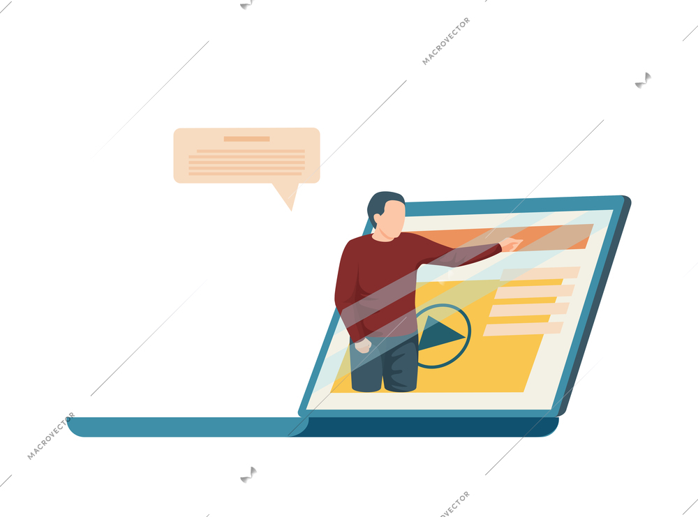 Online education icon with laptop and human character flat vector illustration