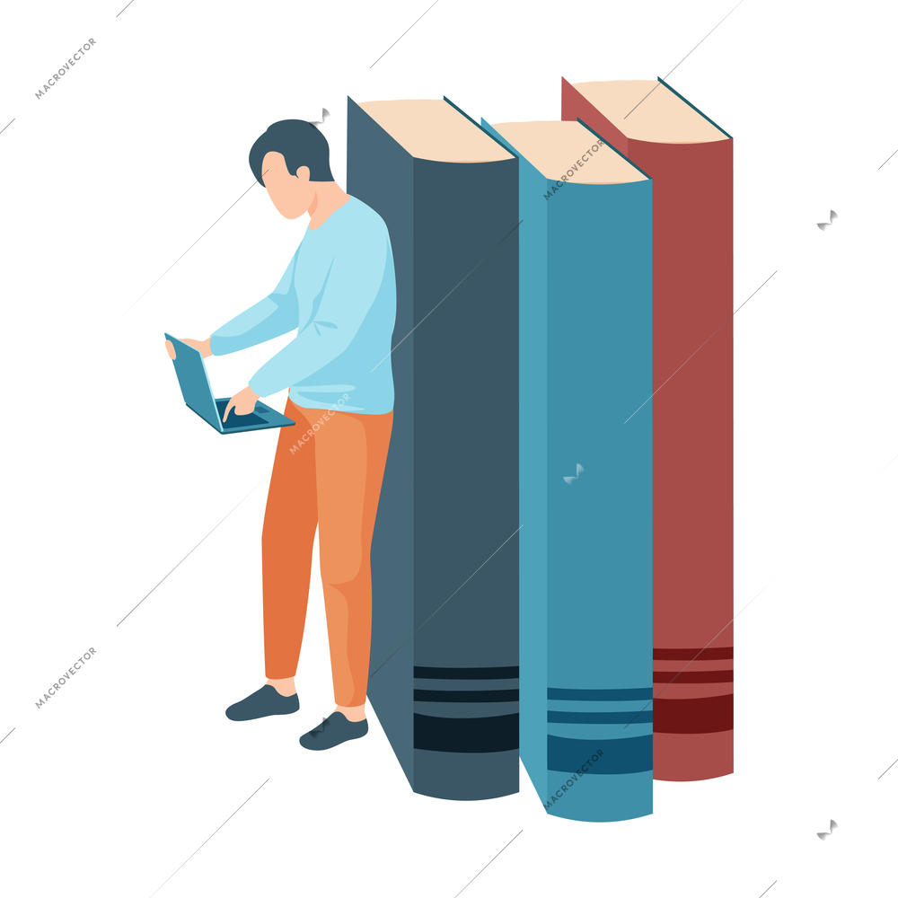 Boy student studying with books and laptop flat vector illustration