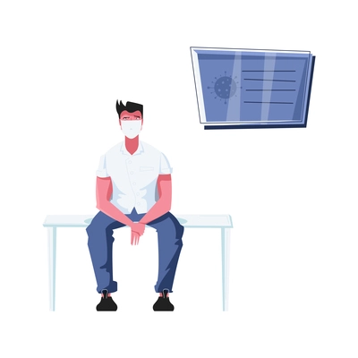 Man in medical mask sitting on bench at hospital with coronavirus information poster on wall flat vector illustration