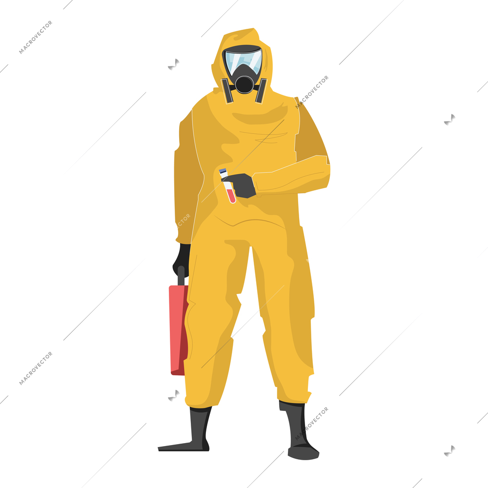 Character of doctor in protective suit holding glass tube with coronavirus blood sample flat vector illustration