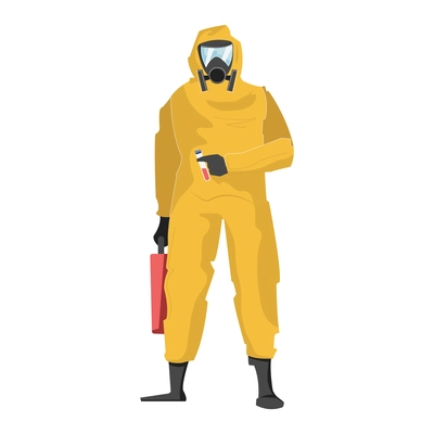 Character of doctor in protective suit holding glass tube with coronavirus blood sample flat vector illustration