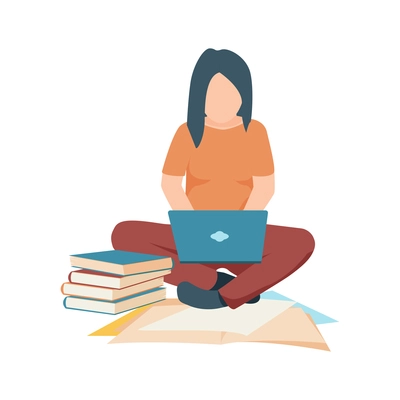 Flat icon with student studying with laptop stack of books and papers vector illustration