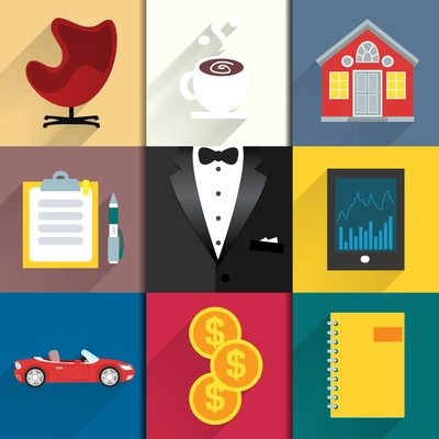 Business suits. Icons set for luxury life with tuxedo car coffee and money vector illustration