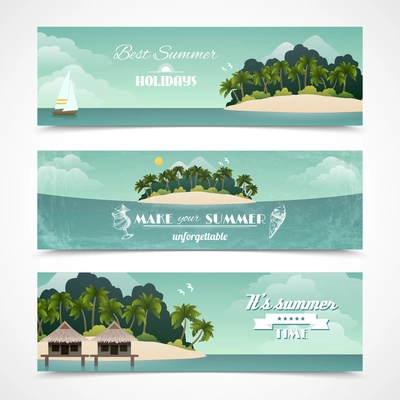Tropical island best summer holidays horizontal banner set isolated vector illustration