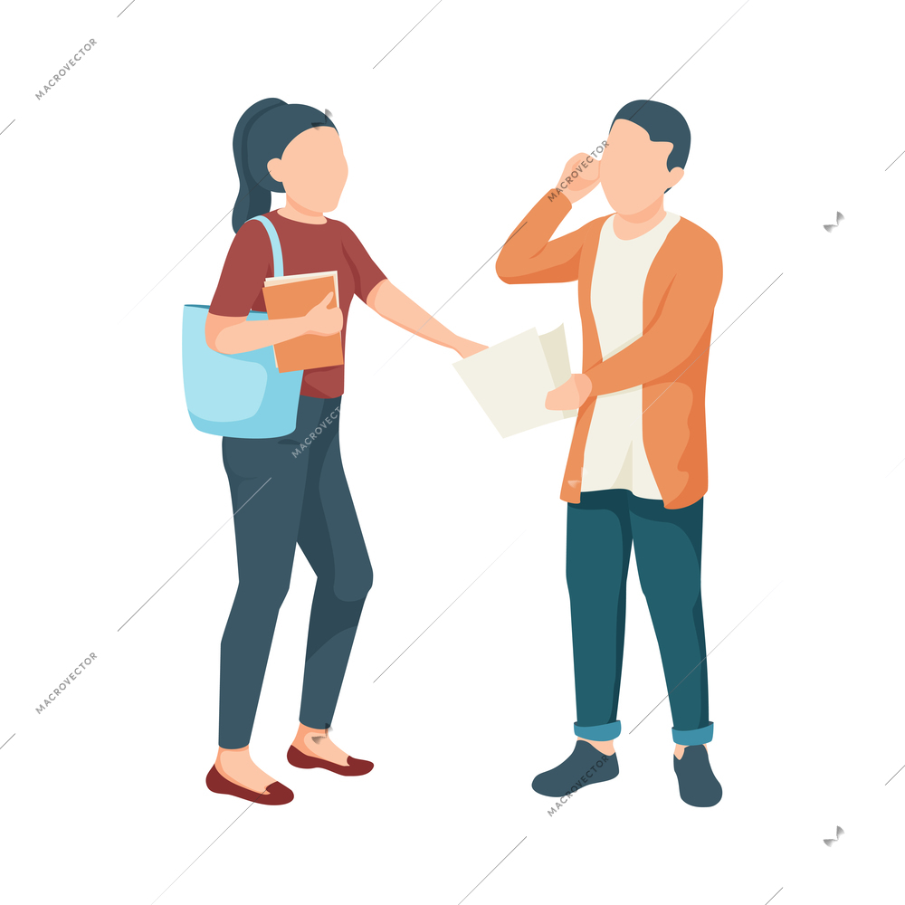 Flat icon with two communicating students holding papers vector illustration