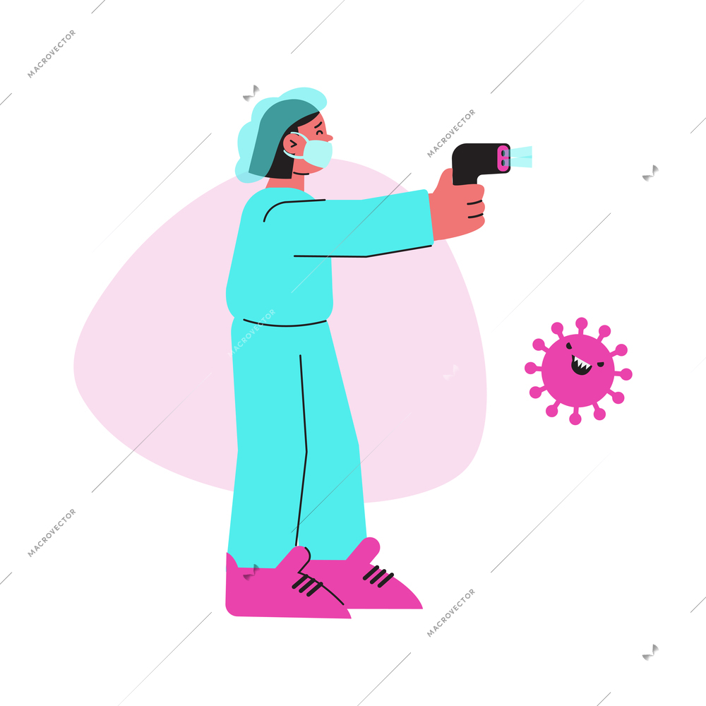 Flat coronavirus icon with medical worker in protective mask holding infrared thermometer vector illustration