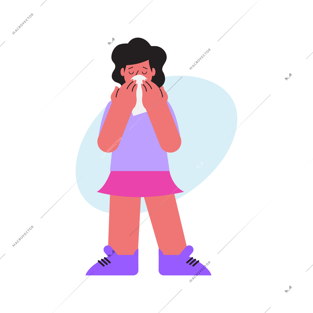 Sick woman with running nose and handkerchief flat icon on white background vector illustration