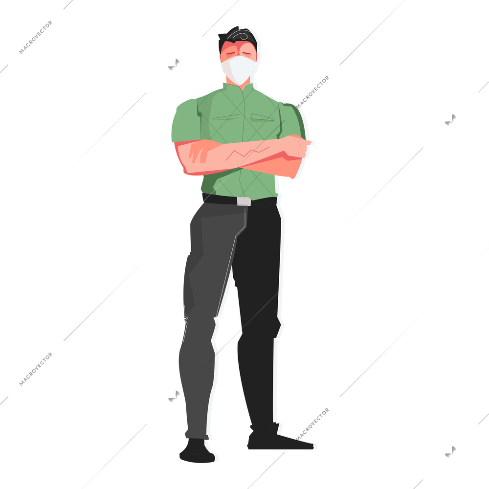 Confident man in protective mask standing with his arms folded flat vector illustration