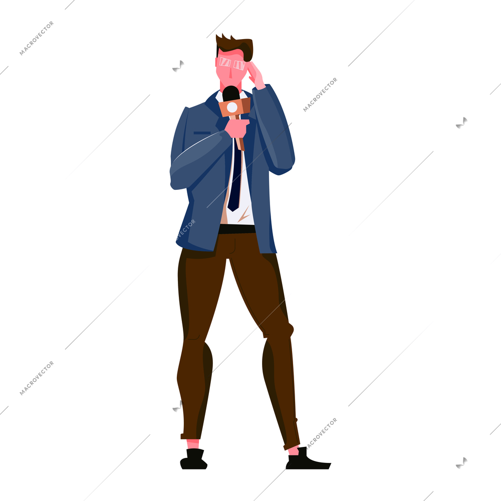 Tv reporter with microphone flat icon on white background vector illustration