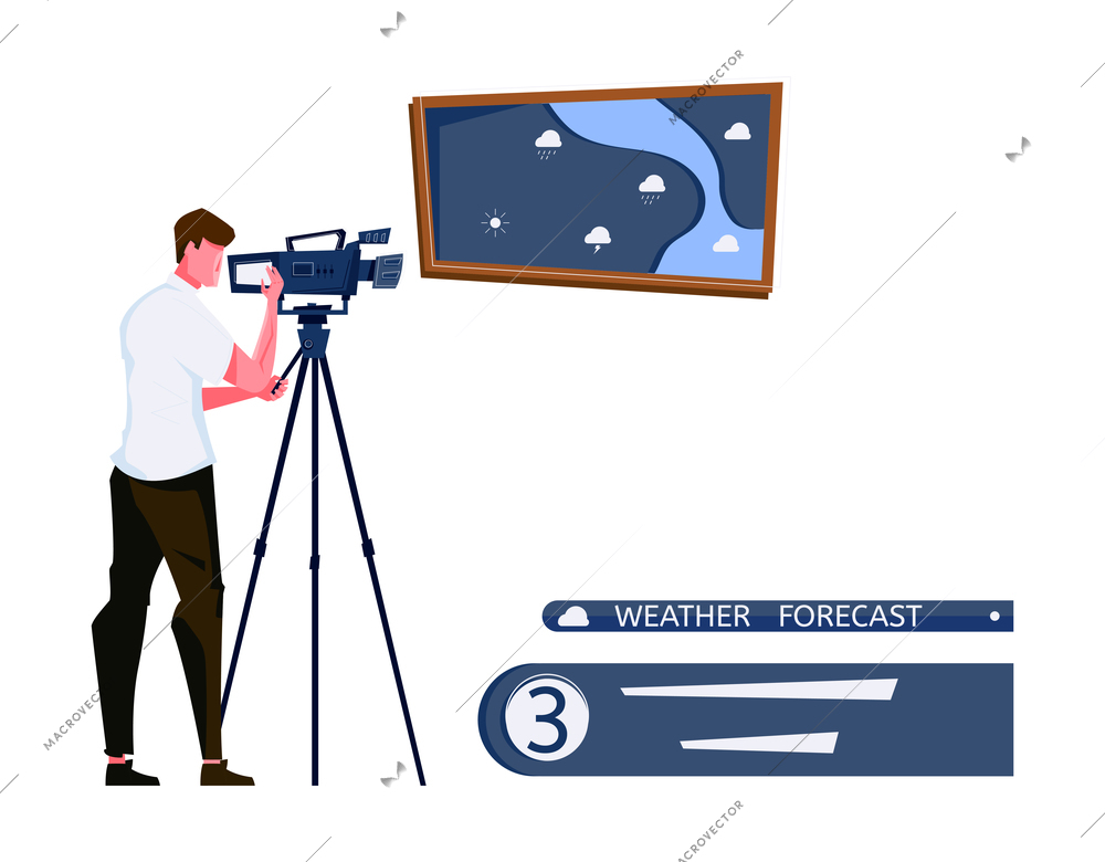 Weather forecast tv studio with cameraman and map flat vector illustration