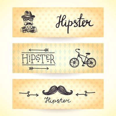 Hipster horizontal banners set with moustache and bicycle isolated vector illustration