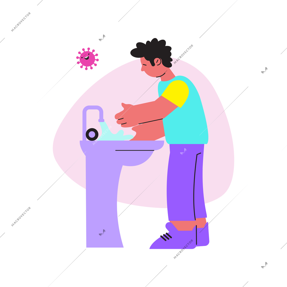 Flat design coronavirus icon with human character washing hands vector illustration