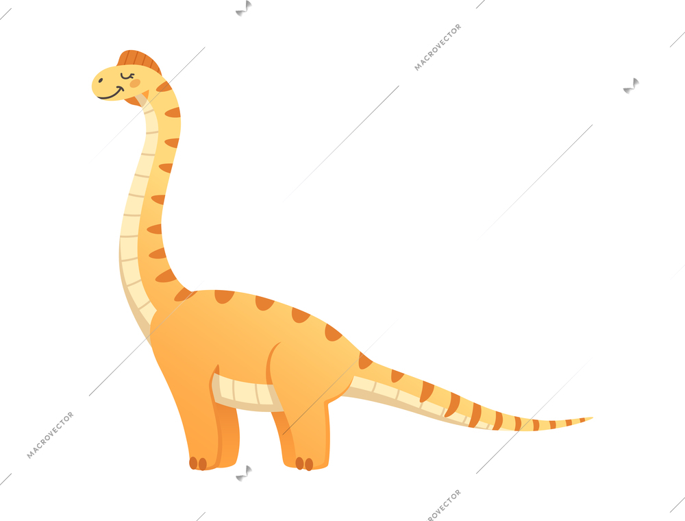 Tall happy dinosaur with closed eyes and long tail cartoon vector illustration