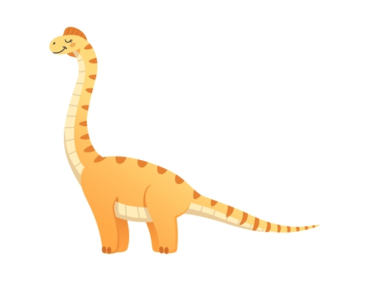 Tall happy dinosaur with closed eyes and long tail cartoon vector illustration