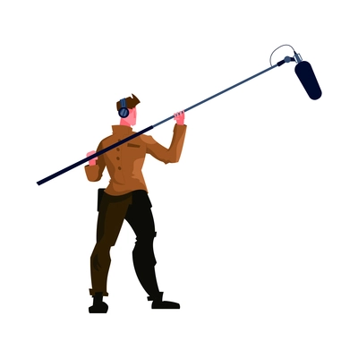 Flat icon with boom operator in headphones holding microphone vector illustration