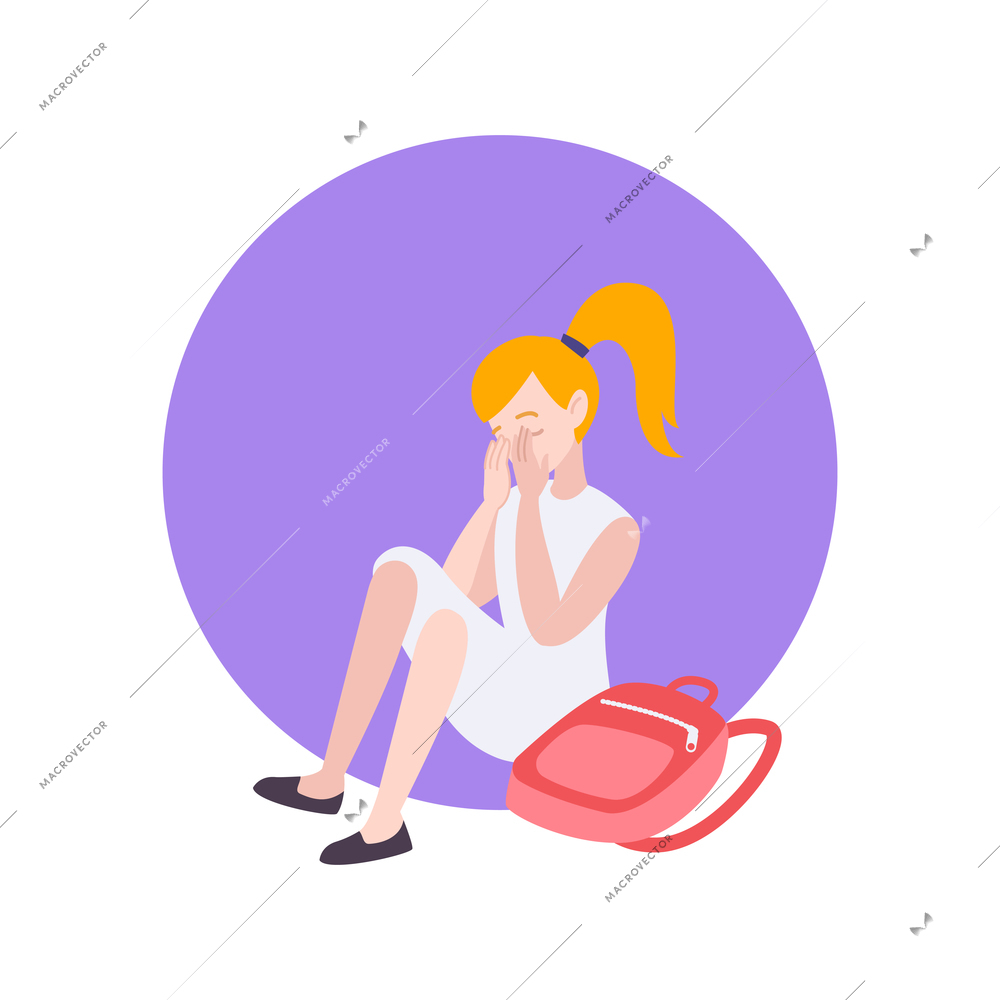 Little school girl sitting on floor and crying flat icon vector illustration