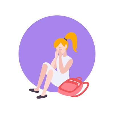 Little school girl sitting on floor and crying flat icon vector illustration