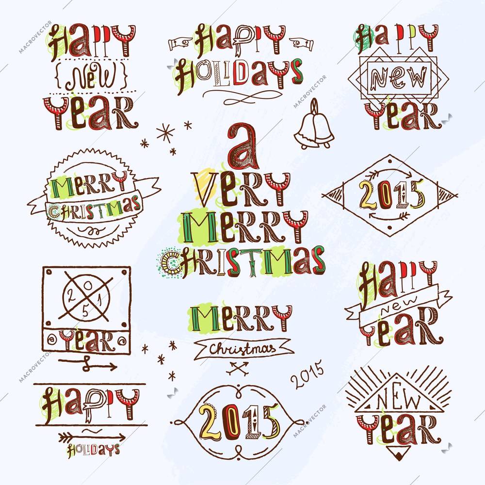 Merry christmas happy new year holidays type labels set isolated vector illustration