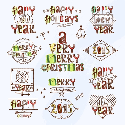 Merry christmas happy new year holidays type labels set isolated vector illustration