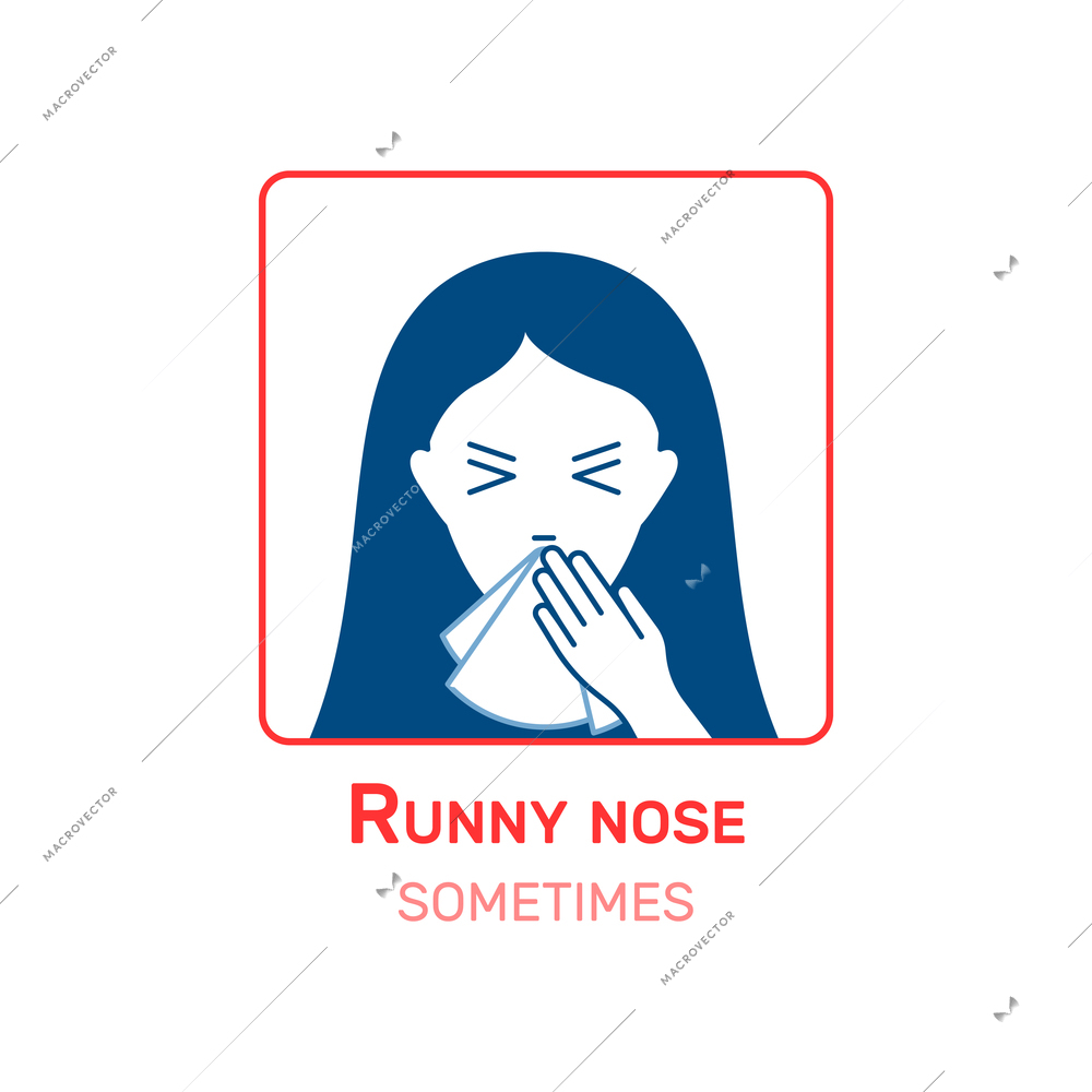 Coronavirus symptom description icon with runny nose symbol flat vector illustration