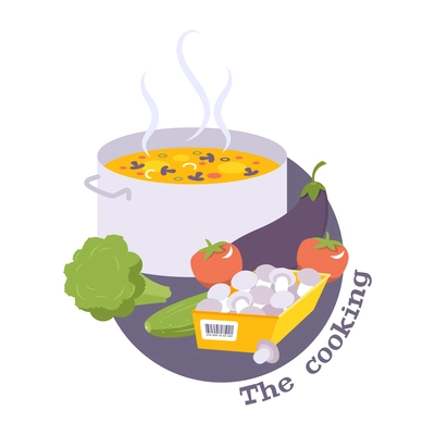 Cooking flat composition with mushrooms vegetables and pan of soup vector illustration