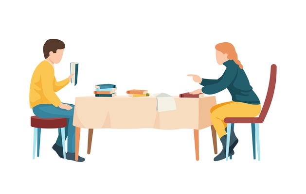 Two students with books and papers preparing for exam at dinner table flat vector illustration