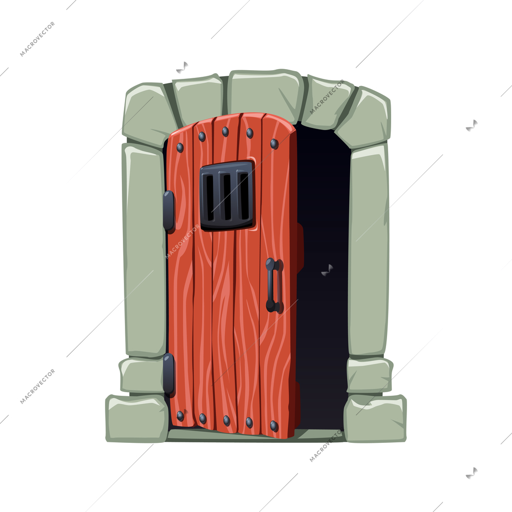 Open wooden dangeon or prison door with metal bars cartoon vector illustration