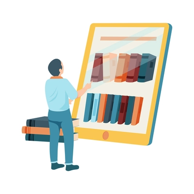 Flat icon with male student choosing books in online library on tablet vector illustration