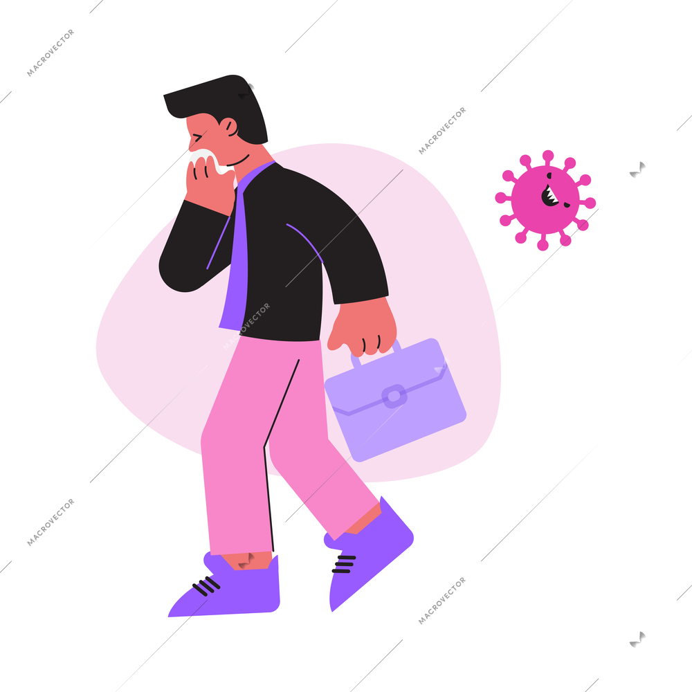 Flat icon with coughing man and coronavirus symbol vector illustration