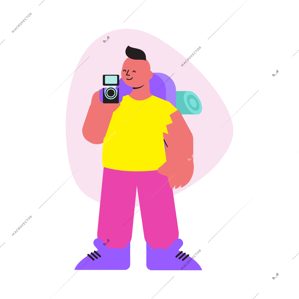 Flat hiking man with backpack and camera vector illustration