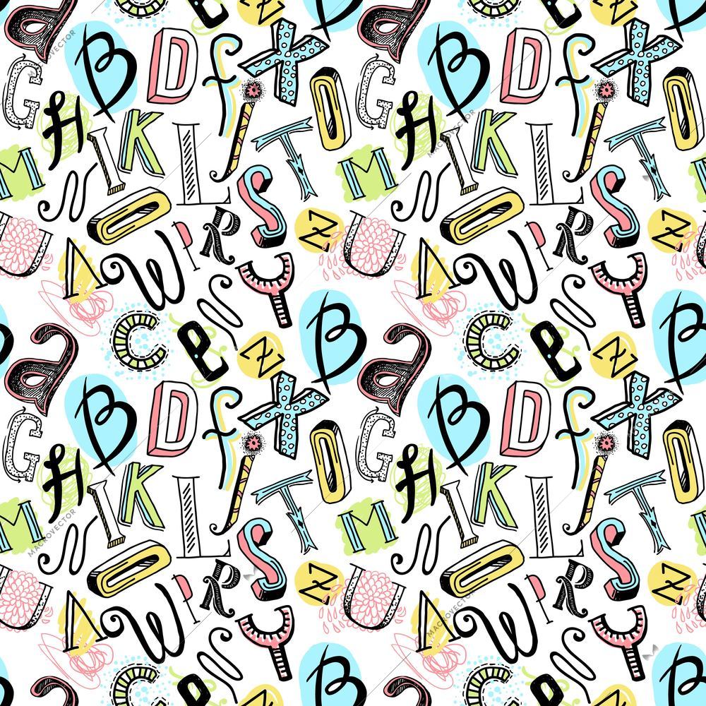 Sketch hand drawn doodle colored alphabet letters seamless pattern vector illustration