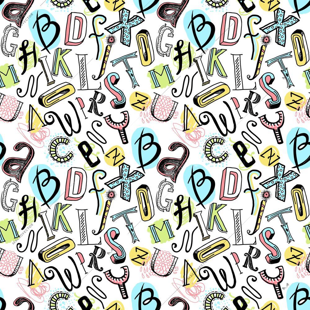 Sketch hand drawn doodle colored alphabet letters seamless pattern vector illustration