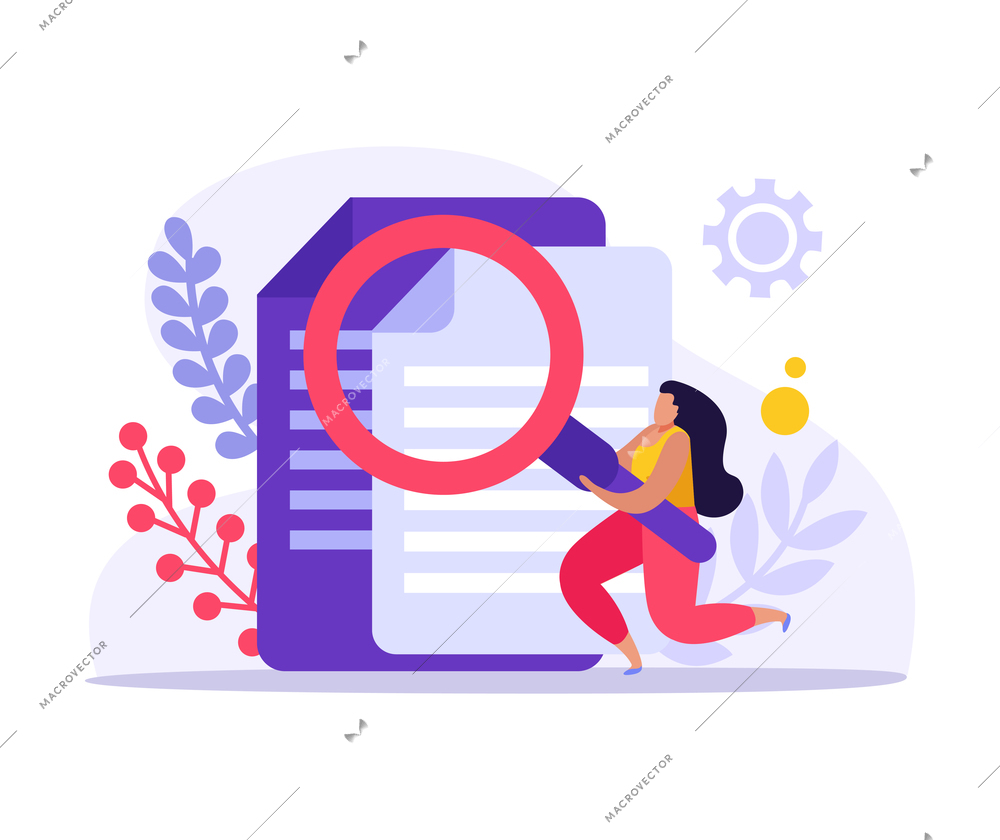 Flat job search icon with colorful paper documents and character holding magnifying glass vector illustration