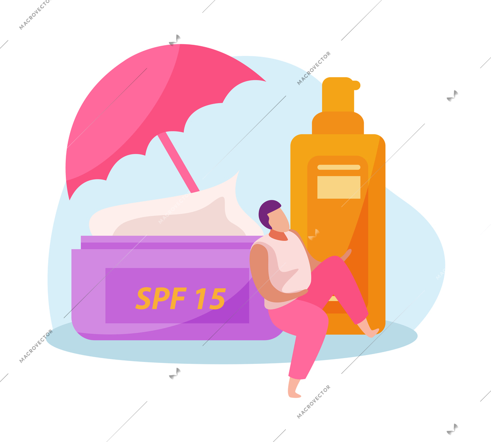 Flat icon with jar of sunscreen bottle umbrella and human character vector illustration