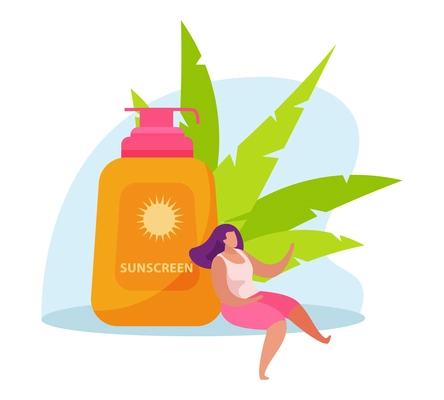 Flat design colorful icon with orange bottle of sunscreen green plant and woman vector illustration