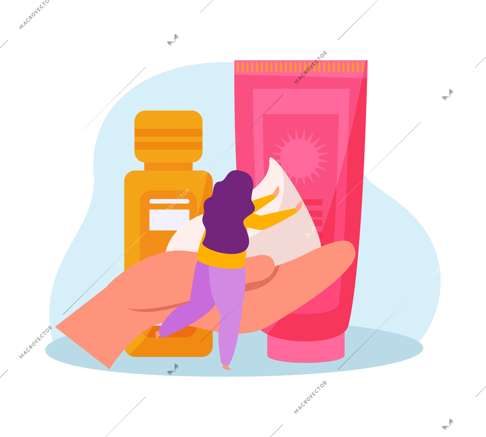 Flat icon with sunscreen on human hand colorful tube and bottle of cosmetic product vector illustration