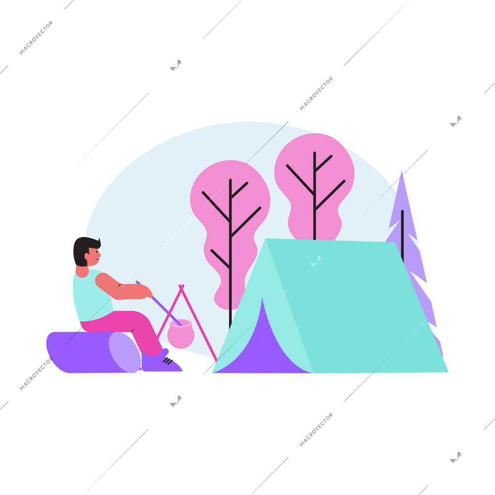 Camping flat icon with character cooking next to tent in forest vector illustration