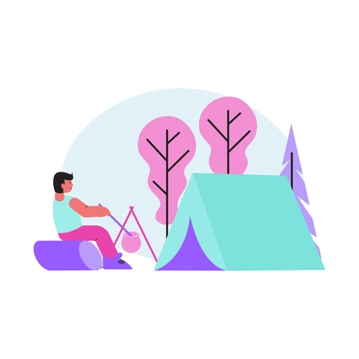 Camping flat icon with character cooking next to tent in forest vector illustration