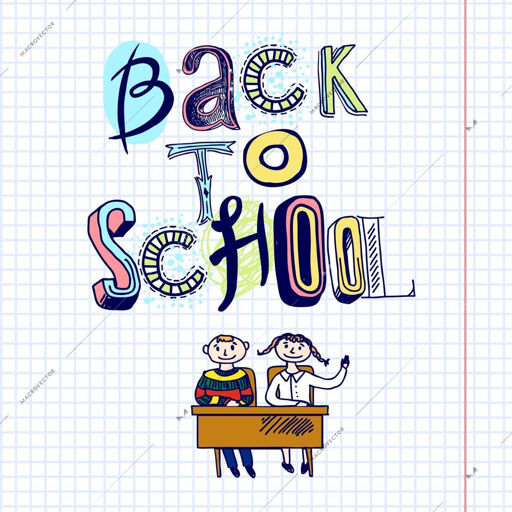 Sketch hand drawn doodle back to school concept with kids at desk vector illustration