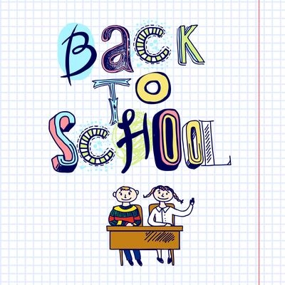 Sketch hand drawn doodle back to school concept with kids at desk vector illustration