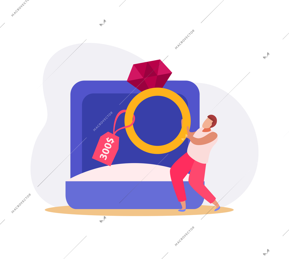 Pawnshop jewelry colorful flat icon with characting buying golden ring vector illustration