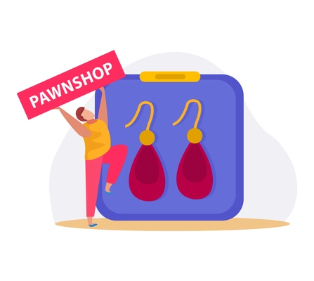 Pawnshop flat icon with pair of earrings and happy doodle character vector illustration