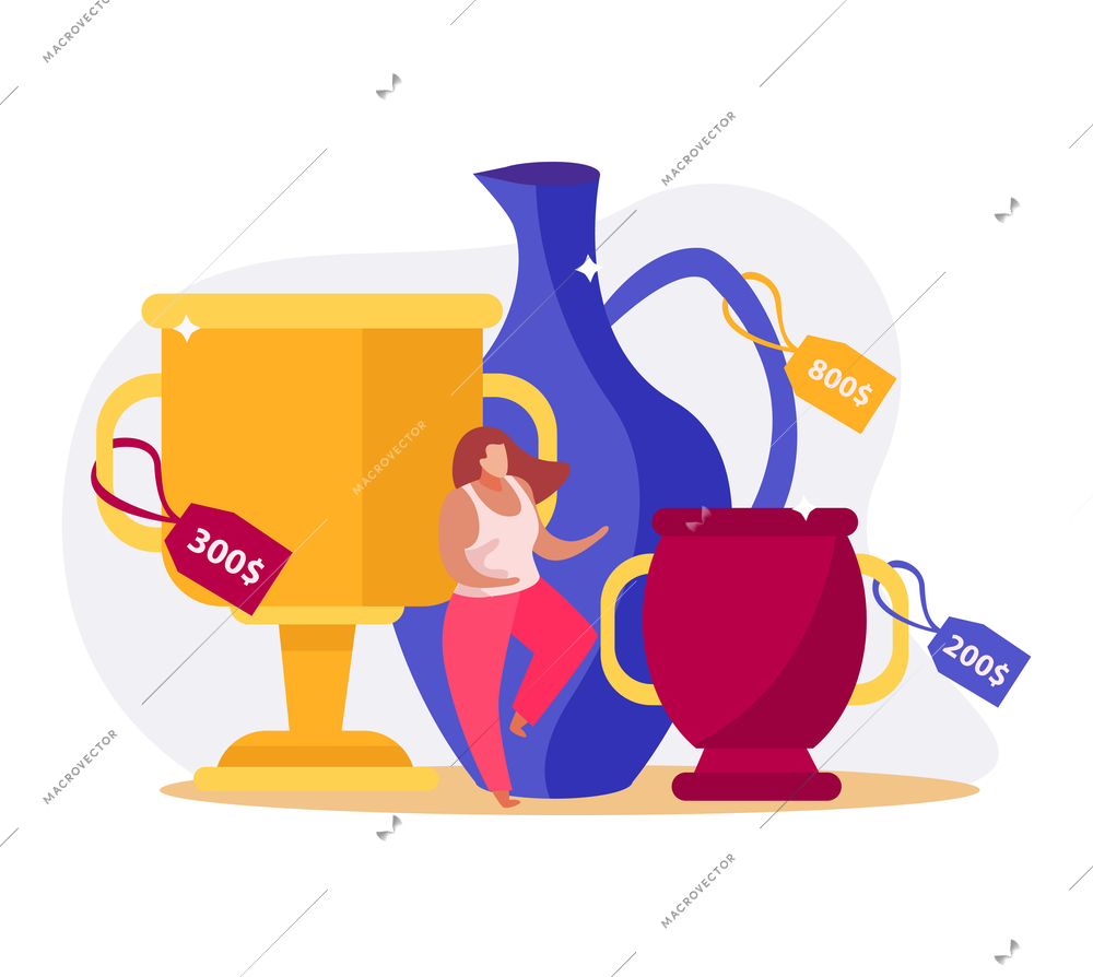 Pawnshop colorful icon with antique vases price tags and character flat vector illustration