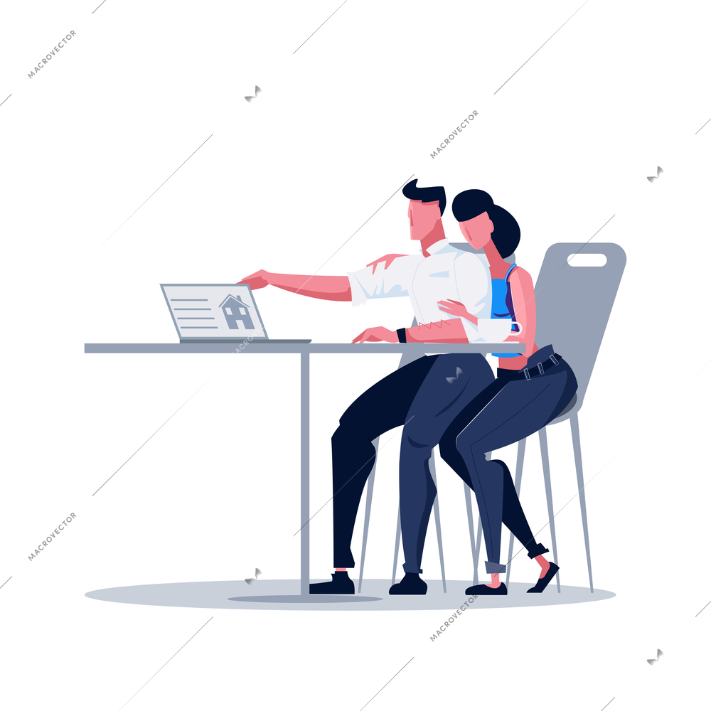 Mortgage flat icon with couple searching for house in internet vector illustration