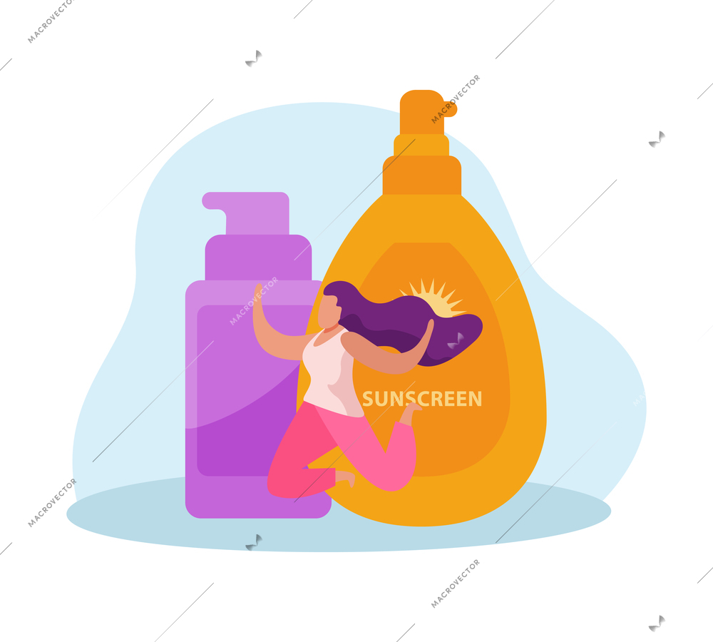 Two colorful bottles of sunscreen and happy human character flat vector illustration