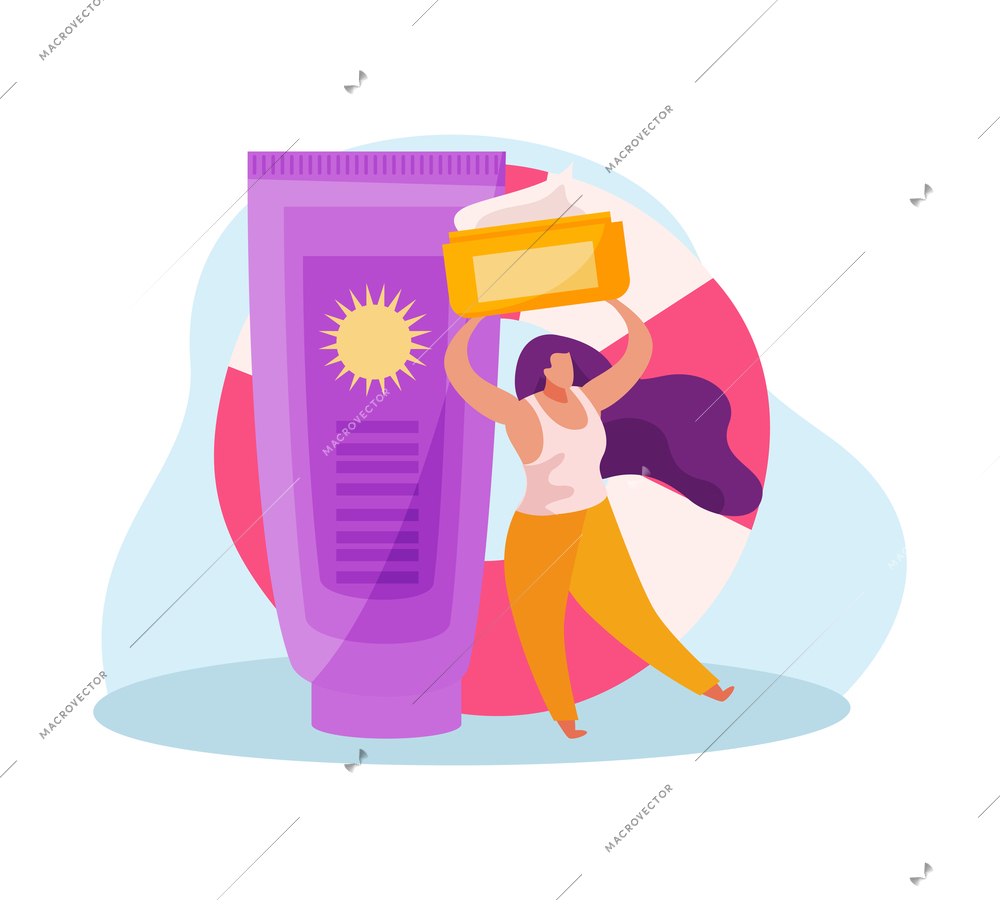 Skin care flat icon with sunscreen products and female character vector illustration