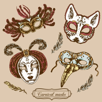 Carnival long nose eyes face festive venitian paper mache masks icons feather composition doodle color vector illustration