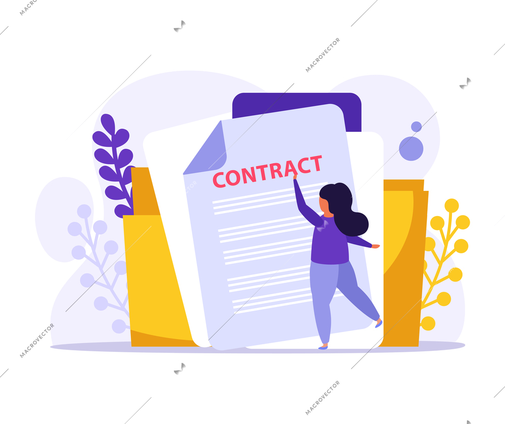 Flat employment icon with labor contract in folder and female character vector illustration