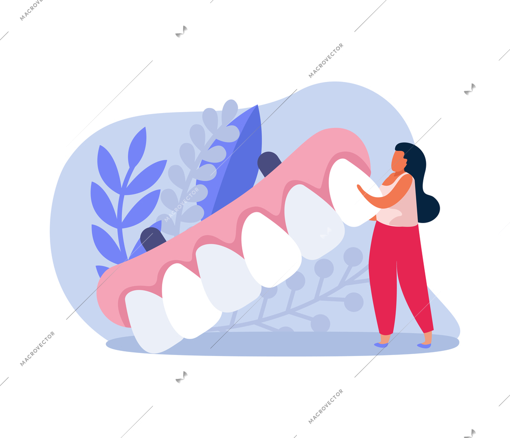 Dental health icon with tiny woman holding dental prosthesis vector illustration